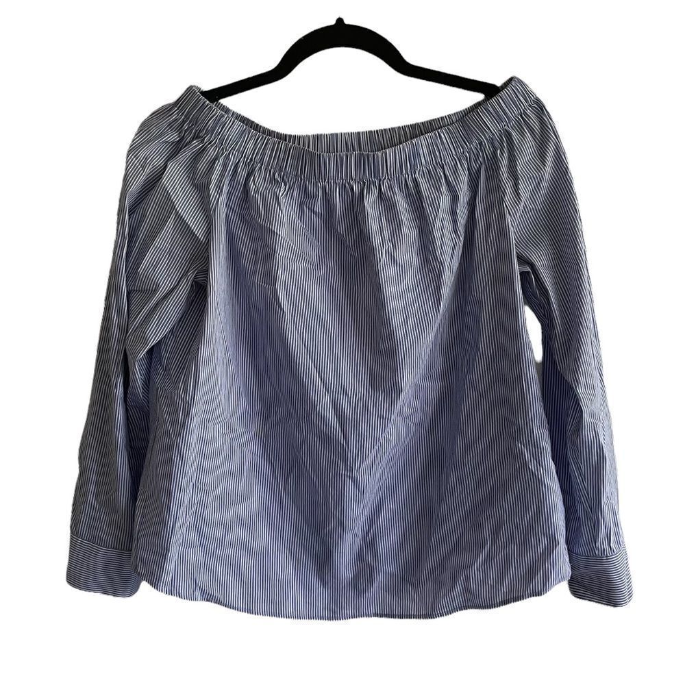 ZARA Blue White Striped Cotton Blend Off Shoulder Long Sleeve Blouse Top Shirt S